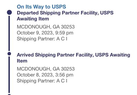 Arrived Shipping Partner Facility, USPS Awaiting Item WOODRIDGE,IL,60517 2023-08-23 06:19:00 Shipping Label Created, USPS Awaiting Item WOODRIDGE,IL,60517 As you can see, it keeps flip-flopping between departing and arriving a shipping facility in Woodridge, IL. I'm guessing that's not too far from Chicago.
